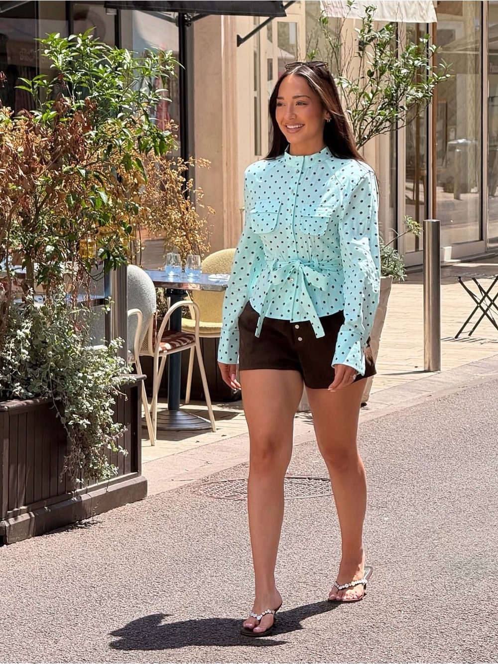 Zara Light Blue Polka Dot Button-Down Tie-Waist Shirt